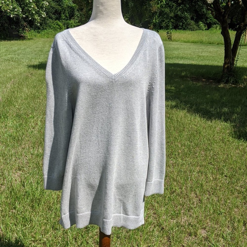 Talbots silver sweater vneck back tie neck. Large